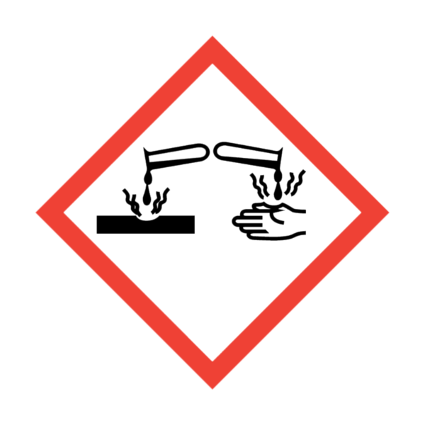Corrosive chemicals, may cause severe skin and eye damage and may be corrosive to metals.