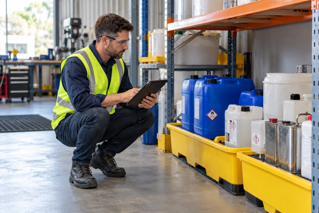 Hazchem consultant inspecting a flammable liquids cabinet during a chemical storage health check